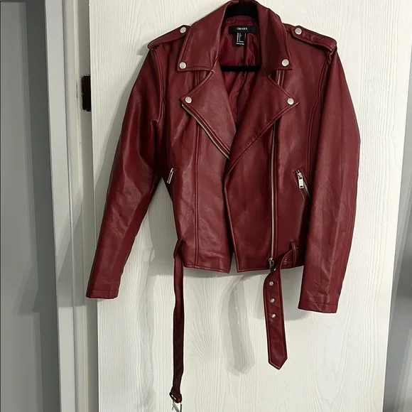 Red Leather Moto Jacket with Asymmetrical Zipper and Belted Waist - Picture 1 of 3